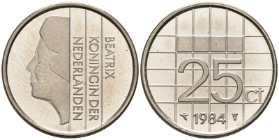 Нидерланды 25 центов 1984 Беатрикс (1980-2013) KM 204 никель UNC 4588-855
