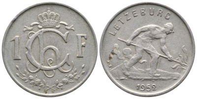 ЛЮКСЕМБУРГ 1 ФРАНК 1952 СТАЛЕВАР KM 46.2 медно-никель 53-1135