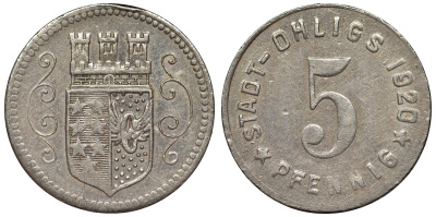 Германия, Огликс 5 пфеннигов 1920 Золинген, Северный Рейн-Вестфалия, нотгельд Funck 404.3 медно-никель 4119-847