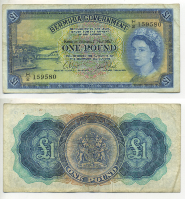 БЕРМУДСКИЕ ОСТРОВА 1 ФУНТ 1957 С ЗАЩИТНОЙ ПОЛОСОЙ Pick 20c бумага 7457-21-3