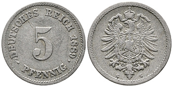 ГЕРМАНИЯ 5 ПФЕННИГОВ 1889 G, СТАРОГЕРБОВКА KM 3, J. 3 медно-никель 39-423