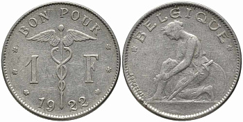 Бельгия 1 франк 1922 Belgique, Альберт I (1910-1934) KM 89 никель 4175-242