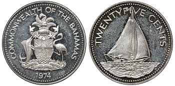 Багамские острова 25 центов 1974 KM 63.1 медно-никель 00-00