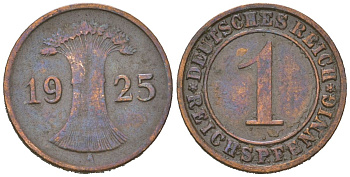 Германия 1 рейхспфенниг 1925 A KM 37 бронза 4617-355