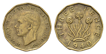 Великобритания 3 пенса 1940 Георг VI (1936-1952) KM 849, Spink 4112 никель латунь 4116-645