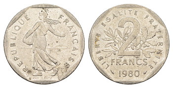 Франция 2 франка 1980 сеятель KM 942.1 никель 4543-347