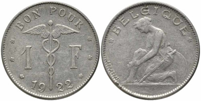 Бельгия 1 франк 1922 Belgique, Альберт I (1910-1934) KM 89 никель 4175-242