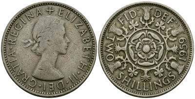 Великобритания 2 шиллинга (флорин) 1959 Елизавета II (1952-2022) KM 906, Spink 4146 медно-никель 4137-346
