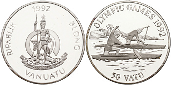 Вануату 50 вату 1992 XXV Олимпийские игры в Барселоне 1992 года, гребля на каное KM 14 серебро PROOF 02-127-25