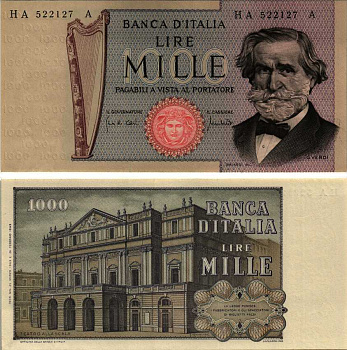 Италия 1000 лир 1969 Джузеппе Верди, Милин Ла Скала Pick 101а бумага 7183-15-3-1
