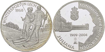 НИДЕРЛАНДЫ МЕДАЛЬ ND СЕРИЯ ЮЛИАНА КОРОЛЕВА НИДЕРЛАНДОВ (1909-2004), КАТАНИЕ НА ЛЫЖАХ 1968 ГОД, ЗИМНИЕ ВИДЫ СПОРТА В ЛЕХЕ, ДИАМЕТР 38 ММ., ВЕС 25 ГР. серебро PROOF 1076-8-63