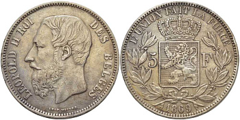 Бельгия 5 франков 1869 Леопольд II (1865-1909) KM 24 серебро 5010-844