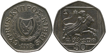 Кипр 50 центов 1993 похищение Европы KM 66 медно-никель 4402-734