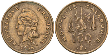 Французская Новая Каледония 100 франков 1976 хижина среди сосен и пальм, (IEOM) KM 15, Schoen 16, Lec 130 никель бронза 88-311