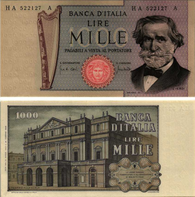 Италия 1000 лир 1969 Джузеппе Верди, Милин Ла Скала Pick 101а бумага 7183-15-3-1