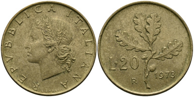 ИТАЛИЯ 20 ЛИР 1973 R KM 97.2 алюминиевая бронза 98-147