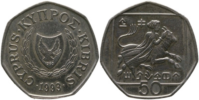 Кипр 50 центов 1993 похищение Европы KM 66 медно-никель 4402-734
