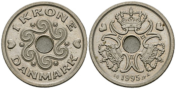 Дания 1 крона 1995 LG; JP; A, Маргрете II (1972- ) KM 873.1 медно-никель 4167-343
