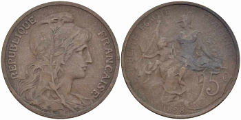 ФРАНЦИЯ 5 САНТИМОВ 1898 ТИП ДАНИЭЛЬ ДЮПЮИ KM 842, LE FRANC 119.5 бронза 108-757