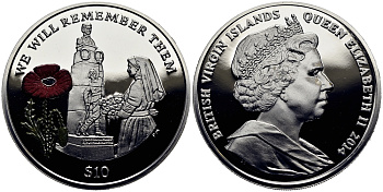 Британские Виргинские острова 10 долларов 2014 в память героев первой мировой войны, памятник, красный мак KM NEW серебро, эмаль  PROOF 1071-1-23