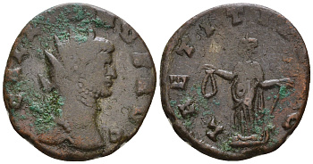 Римская Империя антониниан 262 Галлиен, GALLIENVS AVG, бюст императора / LAETITIA AVG, Летиция, персонификация Веселья, Рим RIC 226 биллон 1073-25-12