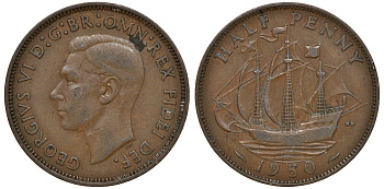 Великобритания 1/2 пенни 1950 Георг VI (1936-1952) KM 868, Spink 4118 бронза 4163-551