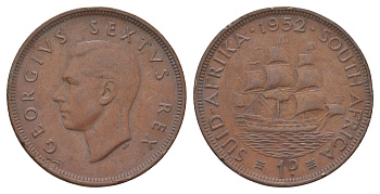 ЮАР 1 пенни 1952 Георг VI (1936-1952) KM 34.2 бронза 11-230-46