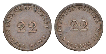 Великобритания, Лондон 1 фартинг ND Джозеф Кларк - мастер по живописи и искусству, вес 2,66 гр, диаметр 21 мм Batty 379 бронза 1528-1041