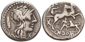 Римская Республика денарий 128 г. до н.э. монетарий Гн. Домиций / Виктория в биге, гладиатор, сражающийся со львом, ROMA CN DOM, Рим Cr. 261/1, Syd. 514 серебро 1073-19-75