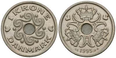 Дания 1 крона 1995 LG; JP; A, Маргрете II (1972- ) KM 873.1 медно-никель 4167-343