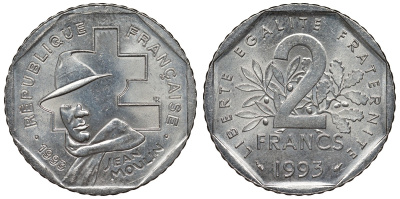 Франция 2 франка 1993 Жан Мулен, 50 лет Национальному движению сопротивления KM 1062, Le Franc 273.2 никель 4123-443