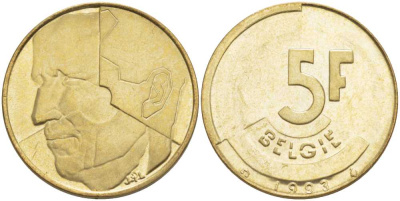 БЕЛЬГИЯ 5 ФРАНКОВ 1993 BELGIE, БОДУЭН I (1951-1993) KM 164 латунь или алюминиевая бронза 4364-1853