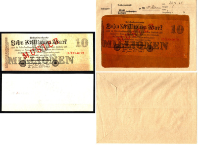 Германия 10000000 марок 1923 25 июля, MUSTER, образец, Specimen. В оригинальном банковском конверте. Из коллекции Отто Сейфферта (помощник Ялмара Шахта - министра экономики Германии и президента Рейхсбанка времен третьего рейха) Pick 96 s, Grabowski DEU 1
