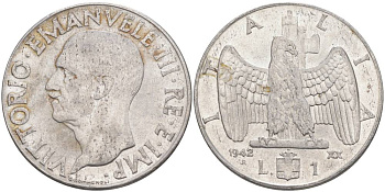 ИТАЛИЯ 1 ЛИРА 1942 R, ГОД XX, ВИКТОР ЭММАНУИЛ III (1900-1946) KM 77b, VEM3. 1102 нержавеющая сталь 3855-515