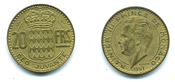 Монако 20 франков 1951 Ренье III (1949-2005) KM 131 алюминиевая бронза 71-1652