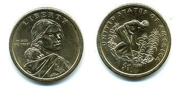 США 1 ДОЛЛАР 2009 ИНДИАНКА, УРОЖАЙ KM NEW медь плакированная сплавом меди цинка марганца и никеля 59-732