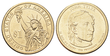 США 1 доллар 2009 Президент США - Джон Тайлер (1841-1845) KM 451 медь с марганцево-латунным покрытием UNC 4666-952