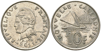 Французская Новая Каледония 10 франков 2011 рыбачья парусная лодка, (IEOM) KM 11a, Schoen 13a, Lec 99k медно-никель 65-115