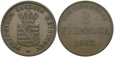 Саксен-Мейнинген 2 пфеннига 1862 Бернгард II (1803-1866) KM 171, Jaeger 448, AKS 215 медь 99-636