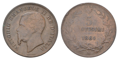 Италия 5 чентезимо 1861 N, Виктор Эммануил II (1861-1878) KM 3.3 медь 27-752