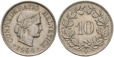 Швейцария 10 раппенов 1964 B KM 27 медно-никель 4189-368