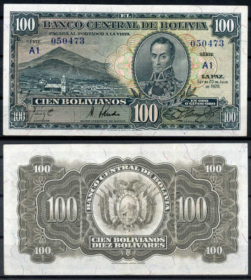 Боливия 100 боливиано 1928 серия A1, Симон Боливар Pick 133 (7)  бумага 000-00-00