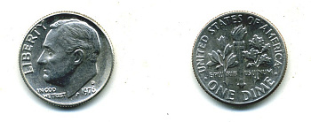 США 10 ЦЕНТОВ = 1 ДАЙМ 1976 D, РУЗВЕЛЬТ KM 195а медь плакированная медно-никелем 54-346