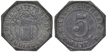 Германия, Тюбинген 5 пфеннигов 1917 Баден-Вюртемберг, нотгельд Funck 551.4 цинк 4119-1052