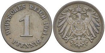 ГЕРМАНИЯ 1 ПФЕННИГ 1914 D KM 10, Jager. 10, Weege 2 медь 4528-717