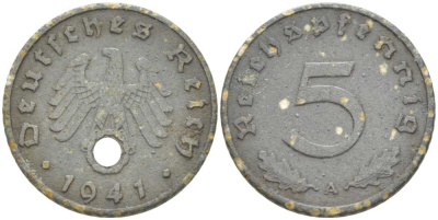 ГЕРМАНИЯ 5 РЕЙХСПФЕННИГОВ 1941 A KM 100, J. 370  цинк 211-614