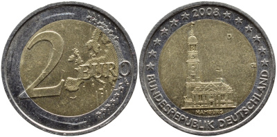 ФРГ 2 евро 2008 D, серия федеральные земли, церковь Св. Михаила в Гамбурге KM 261 биметалл 4390-1057