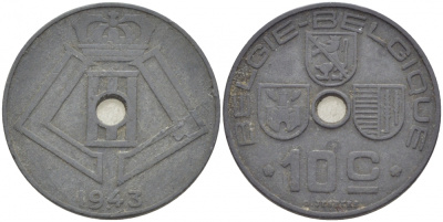 БЕЛЬГИЯ 10 САНТИМОВ 1943 BELGIE-BELGIQUE KM 126 цинк 4529-311