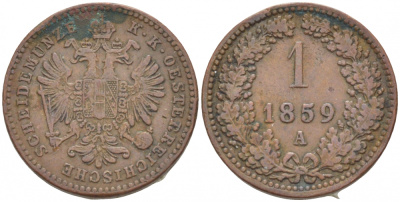 Австрия 1 крейцер 1859 A, Франц Иосиф I (1848-1916) KM 2186 медь 3309-733
