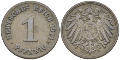 ГЕРМАНИЯ 1 ПФЕННИГ 1914 D KM 10, Jager. 10, Weege 2 медь 4528-717